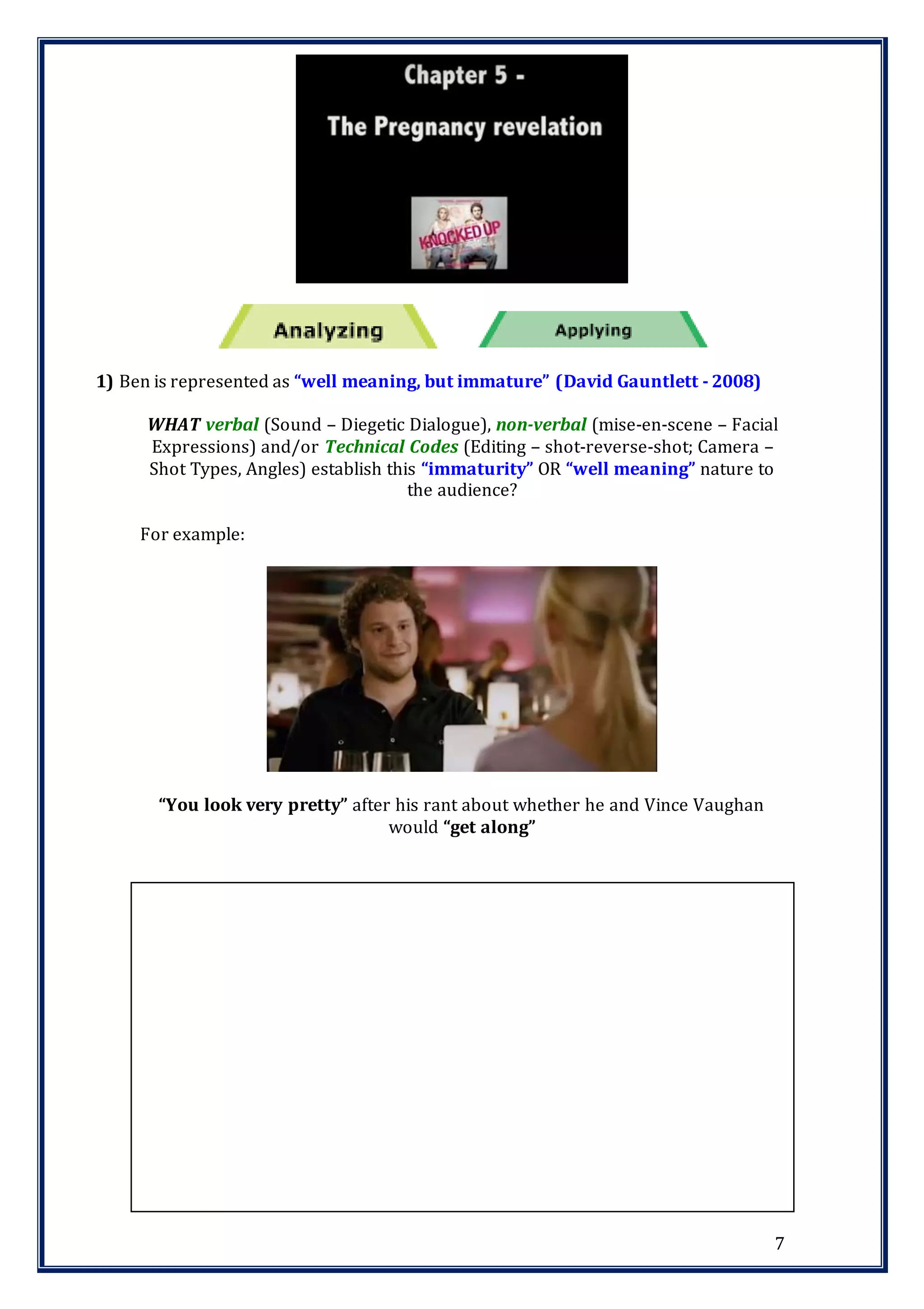 7
1) Ben is represented as “well meaning, but immature” (David Gauntlett - 2008)
WHAT verbal (Sound – Diegetic Dialogue), non-verbal (mise-en-scene – Facial
Expressions) and/or Technical Codes (Editing – shot-reverse-shot; Camera –
Shot Types, Angles) establish this “immaturity” OR “well meaning” nature to
the audience?
For example:
“You look very pretty” after his rant about whether he and Vince Vaughan
would “get along”
 