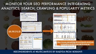 MONITOR YOUR SEO PERFORMANCE INTEGRATING
ANALYTICS, SEARCH, CRAWLING & POPULARITY METRICS
#SEOINGREDIENTS AT #ELITECAMP201...