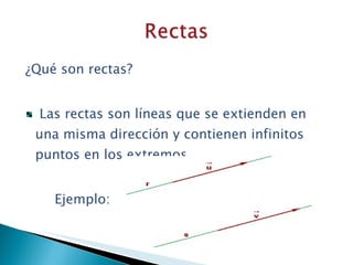 ¿Qué son rectas? Las rectas son líneas que se extienden en una misma dirección y contienen infinitos puntos en los extremos. Ejemplo: