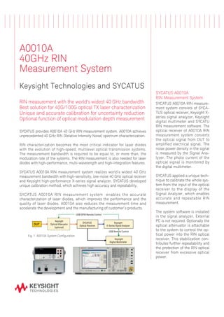 A0010A
40GHz RIN
Measurement System
Keysight Technologies and SYCATUS
RIN measurement with the world's widest 40 GHz bandwidth
Best solution for 40G/100G optical TX laser characterization
Unique and accurate calibration for uncertainty reduction
Optional function of optical modulation depth measurement
SYCATUS provides A0010A 40 GHz RIN measurement system. A0010A achieves
unprecedented 40 GHz RIN (Relative Intensity Noise) spectrum characterization.
RIN characterization becomes the most critical indicator for laser diodes
with the evolution of high-speed, multilevel optical transmission systems.
The measurement bandwidth is required to be equal to, or more than, the
modulation rate of the systems. The RIN measurement is also needed for laser
diodes with high-performance, multi-wavelength and high-integration features.
SYCATUS A0010A RIN measurement system realizes world’
s widest 40 GHz
measurement bandwidth with high-sensitivity, low-noise 40 GHz optical receiver
and Keysight high-performance X-series signal analyzer. SYCATUS developed
unique calibration method, which achieves high accuracy and repeatability.
SYCATUS A0010A RIN measurement system enables the accurate
characterization of laser diodes, which improves the performance and the
quality of laser diodes. A0010A also reduces the measurement time and
accelerate the development and the manufacturing of customer’
s products.
SYCATUS A0010A
RIN Measurement System
SYCATUS A0010A RIN measure-
ment system consists of SYCA-
TUS optical receiver, Keysight X-
series signal analyzer, Keysight
digital multimeter and SYCATU
RIN measurement software. The
optical receiver of A0010A RIN
measurement system converts
the optical signal from DUT to
amplified electrical signal. The
noise power density in the signal
is measured by the Signal Ana-
lyzer. The photo current of the
optical signal is monitored by
the digital multimeter.
SYCATUS applied a unique tech-
nique to calibrate the whole sys-
tem from the input of the optical
receiver to the display of the
Signal Analyzer, which enables
accurate and repeatable RIN
measurement.
The system software is installed
in the signal analyzer. External
PC is not required. Optionally the
optical attenuator is attachable
to the system to control the op-
tical power into the RIN optical
receiver. This stabilization con-
tributes further repeatability and
the protection of the RIN optical
receiver from excessive optical
power.
DUT
Keysight
Optical Attenuator
(optional)
SYCATUS
Optical Receiver
Keysight
Digital Multimeter
USB/GPIB Remote Control
USB Remote Control
Keysight
X-Series Signal Analyzer
Fig. 1 A0010A System Conﬁguration
 