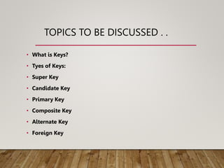 TOPICS TO BE DISCUSSED . .
• What is Keys?
• Tyes of Keys:
• Super Key
• Candidate Key
• Primary Key
• Composite Key
• Alternate Key
• Foreign Key
 