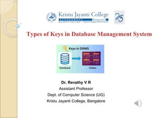 Types of Keys in Database Management System
Dr. Revathy V R
Assistant Professor
Dept. of Computer Science (UG)
Kristu Jayanti College, Bangalore
 