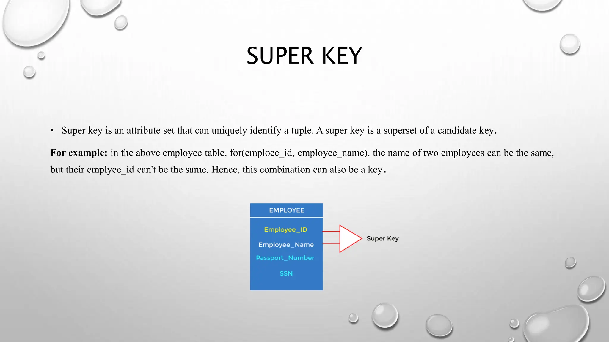 SUPER KEY
• Super key is an attribute set that can uniquely identify a tuple. A super key is a superset of a candidate key.
For example: in the above employee table, for(emploee_id, employee_name), the name of two employees can be the same,
but their emplyee_id can't be the same. Hence, this combination can also be a key.
 
