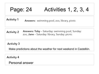 Page: 24 Activities 1, 2, 3, 4
Make predictions about the weather for next weekend in Castellón.
Personal answer
 