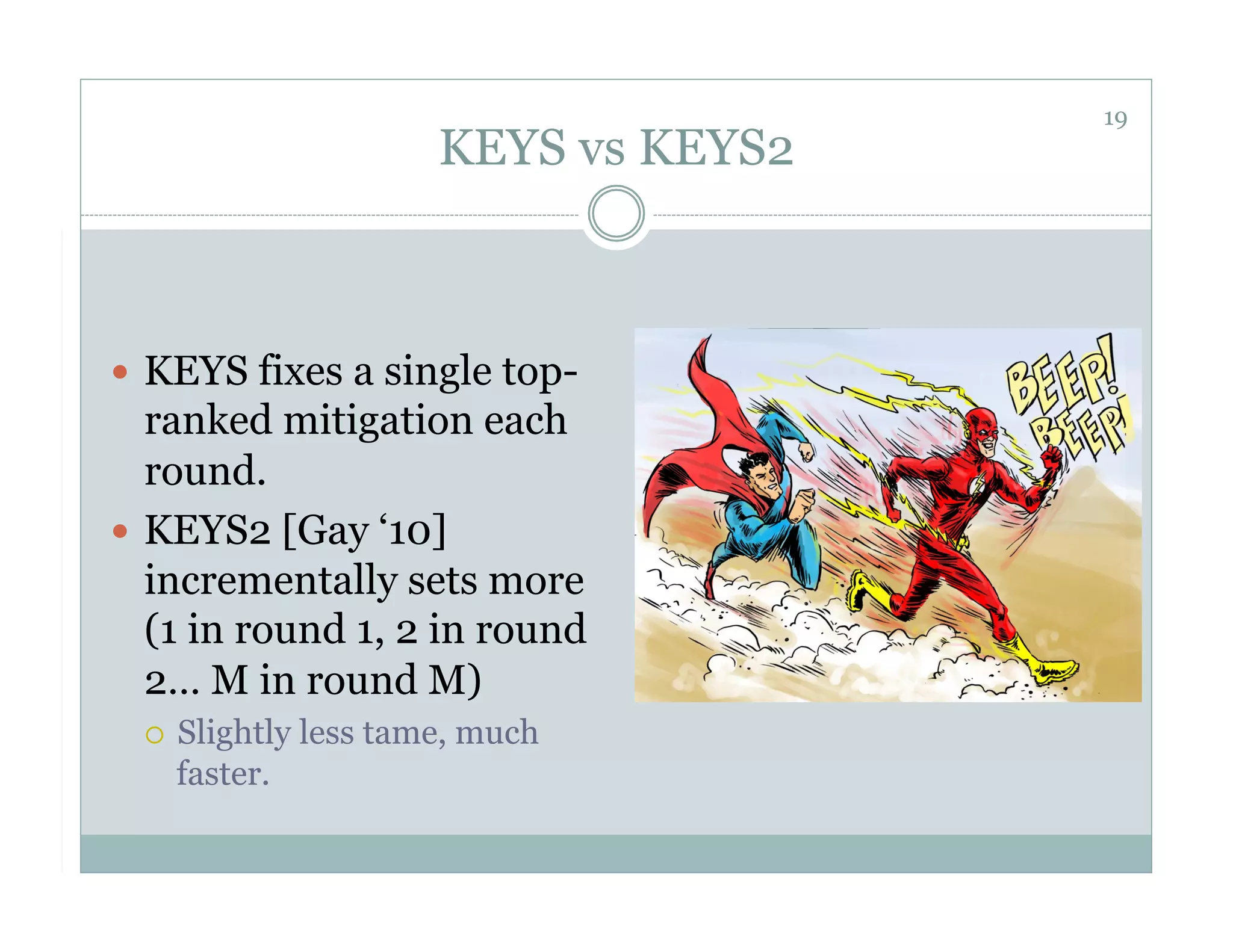 19
                       KEYS vs KEYS2



  KEYS fixes a single top-
   ranked mitigation each
   round.
  KEYS2 [Gay ‘10]
   incrementally sets more
   (1 in round 1, 2 in round
   2… M in round M)
     Slightly less tame, much
      faster.
 