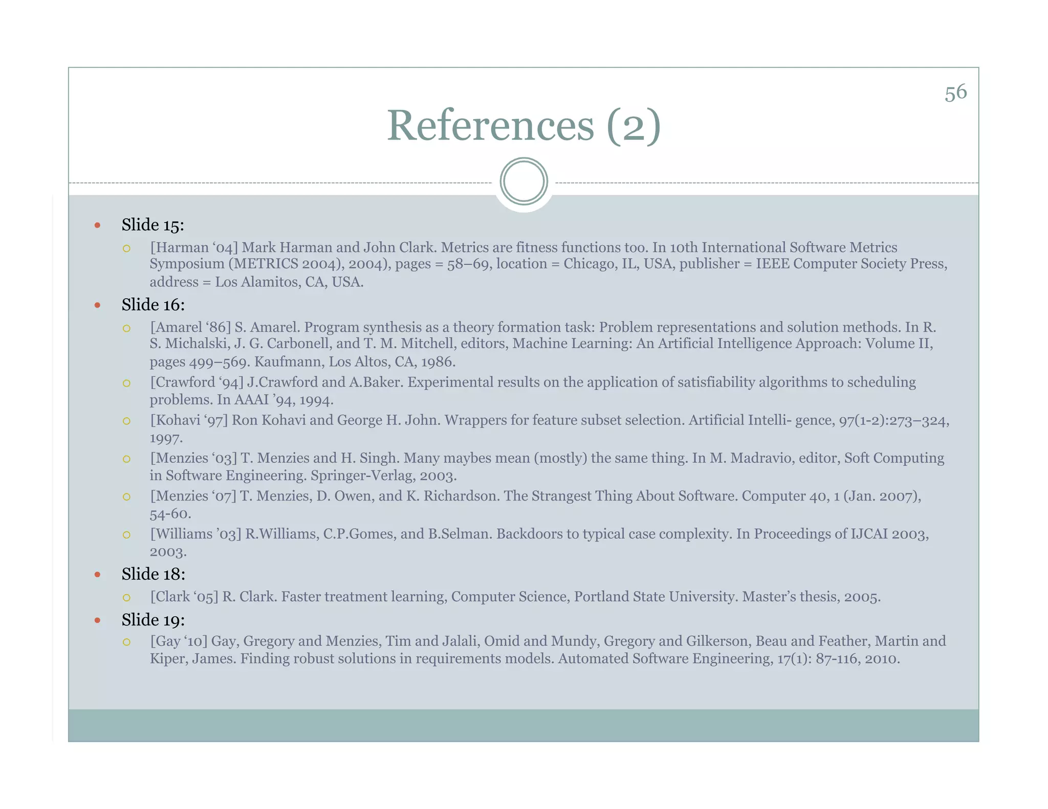 56
                                               References (2)

    Slide 15:
         [Harman ‘04] Mark Harman and John Clark. Metrics are fitness functions too. In 10th International Software Metrics
          Symposium (METRICS 2004), 2004), pages = 58–69, location = Chicago, IL, USA, publisher = IEEE Computer Society Press,
          address = Los Alamitos, CA, USA.
    Slide 16:
         [Amarel ‘86] S. Amarel. Program synthesis as a theory formation task: Problem representations and solution methods. In R.
          S. Michalski, J. G. Carbonell, and T. M. Mitchell, editors, Machine Learning: An Artificial Intelligence Approach: Volume II,
          pages 499–569. Kaufmann, Los Altos, CA, 1986.
         [Crawford ‘94] J.Crawford and A.Baker. Experimental results on the application of satisfiability algorithms to scheduling
          problems. In AAAI ’94, 1994.
         [Kohavi ‘97] Ron Kohavi and George H. John. Wrappers for feature subset selection. Artificial Intelli- gence, 97(1-2):273–324,
          1997.
         [Menzies ‘03] T. Menzies and H. Singh. Many maybes mean (mostly) the same thing. In M. Madravio, editor, Soft Computing
          in Software Engineering. Springer-Verlag, 2003.
         [Menzies ‘07] T. Menzies, D. Owen, and K. Richardson. The Strangest Thing About Software. Computer 40, 1 (Jan. 2007),
          54-60.
         [Williams ’03] R.Williams, C.P.Gomes, and B.Selman. Backdoors to typical case complexity. In Proceedings of IJCAI 2003,
          2003.
    Slide 18:
         [Clark ‘05] R. Clark. Faster treatment learning, Computer Science, Portland State University. Master’s thesis, 2005.
    Slide 19:
         [Gay ‘10] Gay, Gregory and Menzies, Tim and Jalali, Omid and Mundy, Gregory and Gilkerson, Beau and Feather, Martin and
          Kiper, James. Finding robust solutions in requirements models. Automated Software Engineering, 17(1): 87-116, 2010.
 
