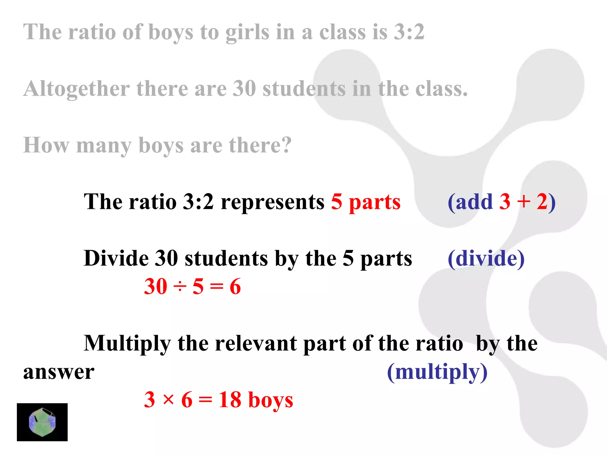 The ratio of boys to girls in a class is 3:2

Altogether there are 30 students in the class.

How many boys are there?

      The ratio 3:2 represents 5 parts         (add 3 + 2)

      Divide 30 students by the 5 parts        (divide)
            30 ÷ 5 = 6

     Multiply the relevant part of the ratio by the
answer                              (multiply)
          3 × 6 = 18 boys
 