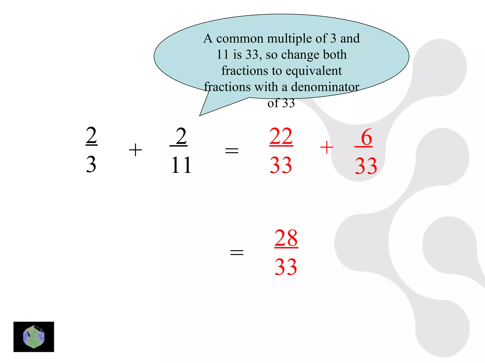 A common multiple of 3 and
                11 is 33, so change both
                 fractions to equivalent
             fractions with a denominator
                          of 33

2        2              22          6
    +           =                +
3       11              33         33

                         28
                 =
                         33
 