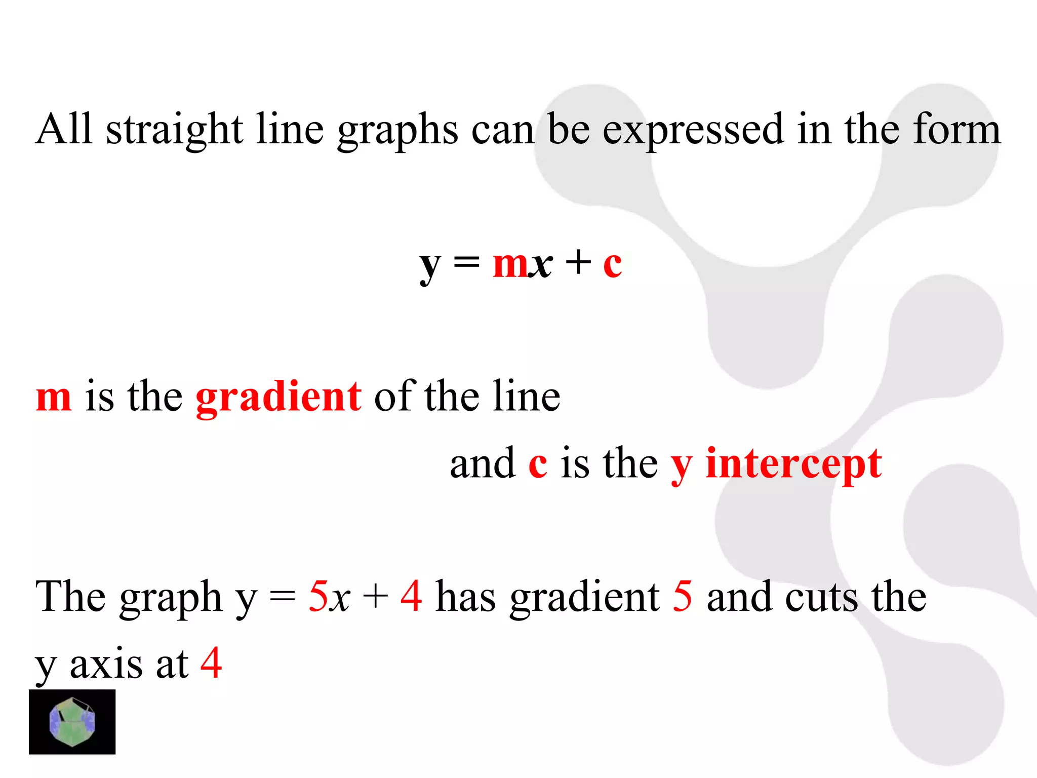 All straight line graphs can be expressed in the form

                     y = mx + c

m is the gradient of the line
                       and c is the y intercept

The graph y = 5x + 4 has gradient 5 and cuts the
y axis at 4
 