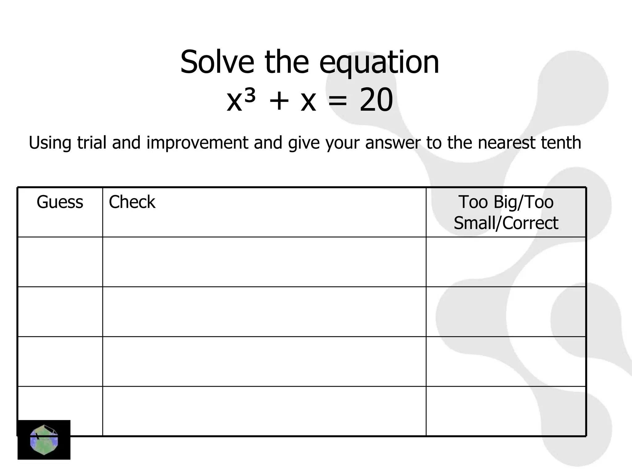 Solve the equation
                     x³ + x = 20
Using trial and improvement and give your answer to the nearest tenth


Guess     Check                                      Too Big/Too
                                                     Small/Correct
 