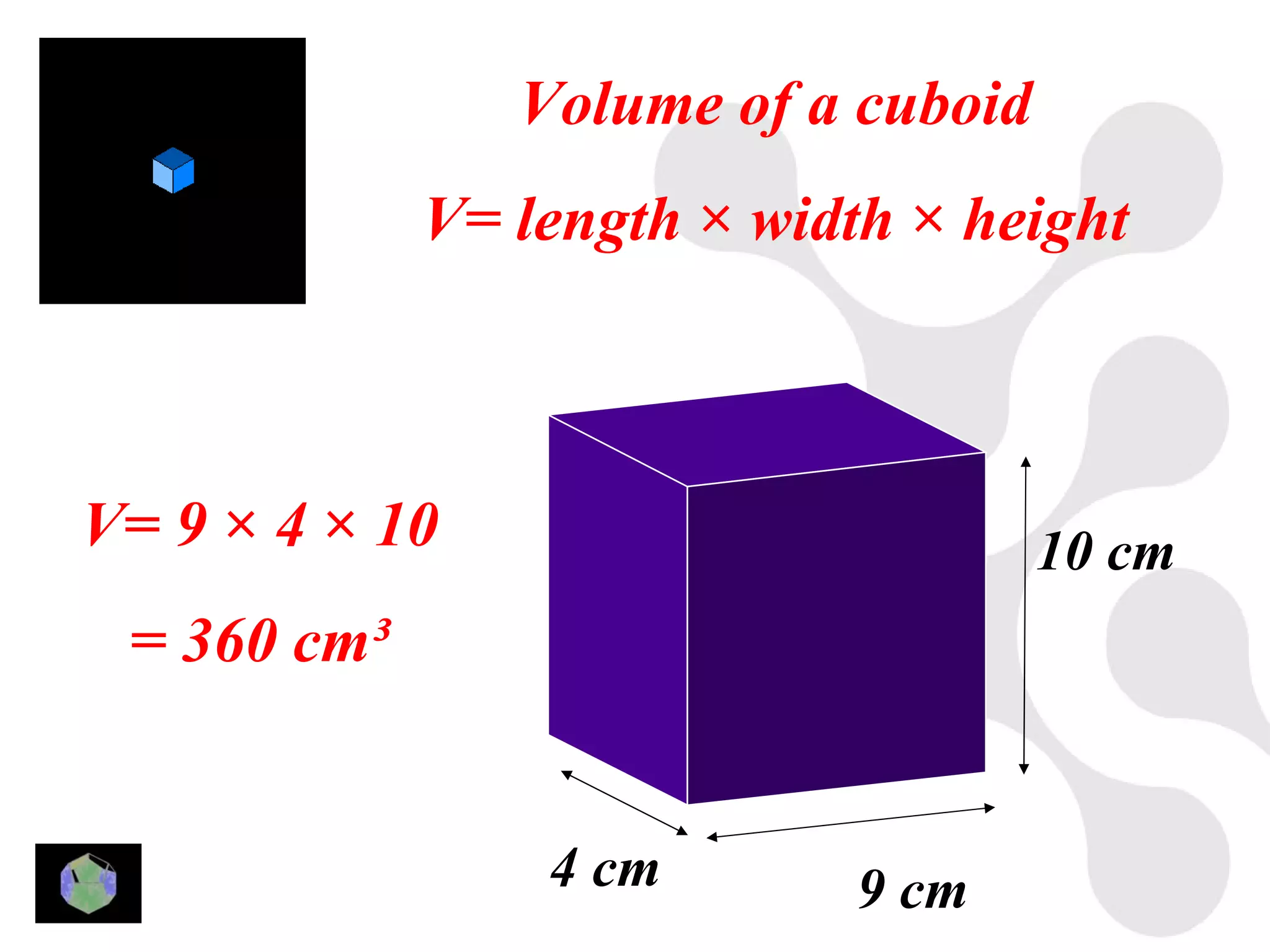 Volume of a cuboid
             V= length × width × height



V= 9 × 4 × 10                        10 cm
 = 360 cm³


                 4 cm        9 cm
 