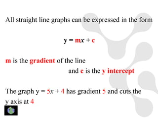 All straight line graphs can be expressed in the form

                     y = mx + c

m is the gradient of the line
                       and c is the y intercept

The graph y = 5x + 4 has gradient 5 and cuts the
y axis at 4
 