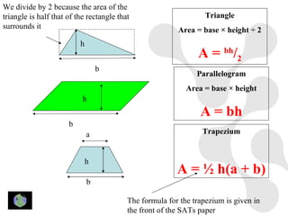 We divide by 2 because the area of the
triangle is half that of the rectangle that                       Triangle
surrounds it                                             Area = base × height ÷ 2
                          h
                                                               A = bh/2
                                  b
                                                               Parallelogram
                                                            Area = base × height
                           h
                                                                A = bh
                      b
                              a                                  Trapezium


                              h
                                                         A = ½ h(a + b)
                              b

                                          The formula for the trapezium is given in
                                          the front of the SATs paper
 