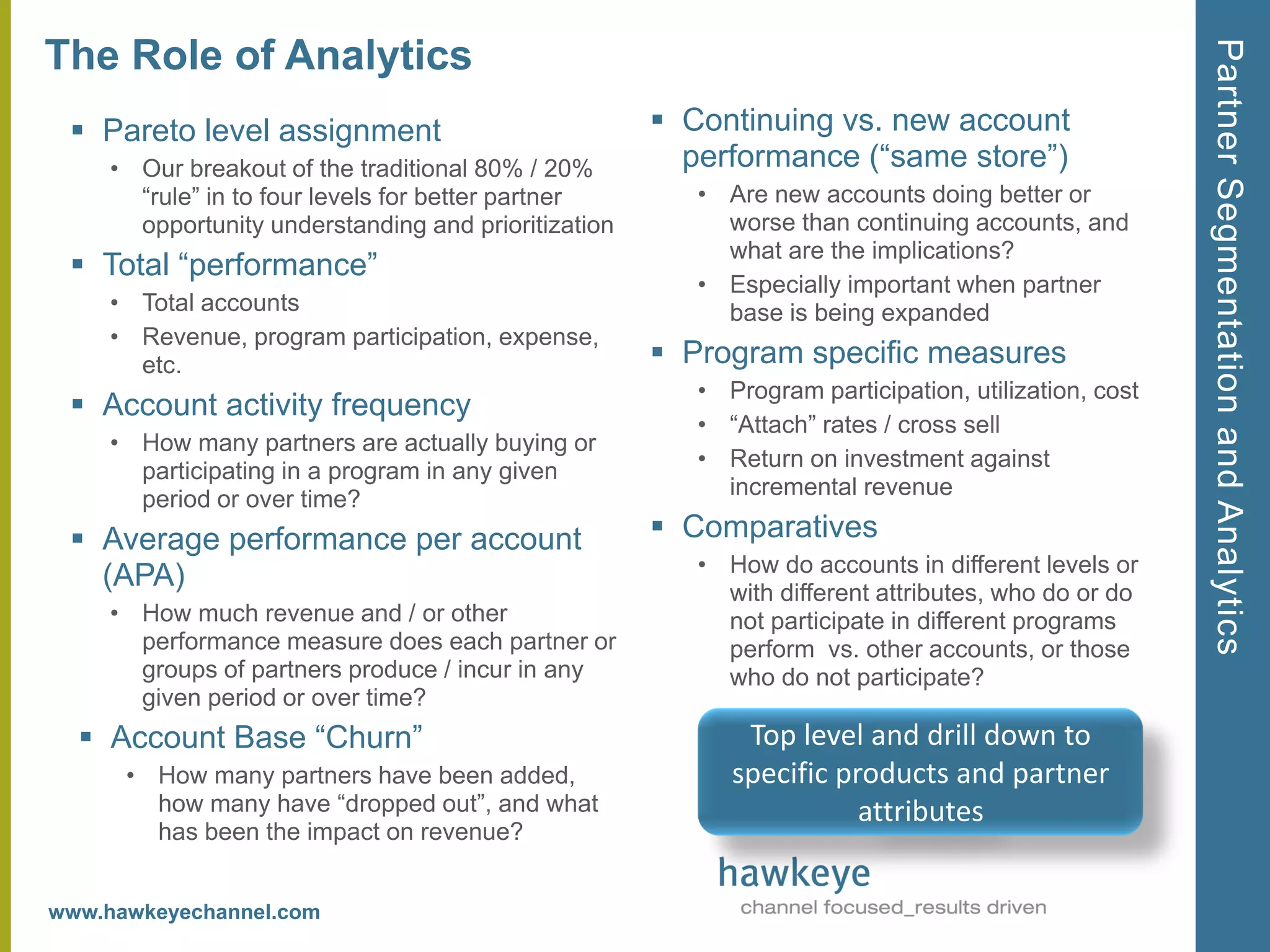 Partner Segmentation and Analytics
The Role of Analytics
  Pareto level assignment                            Continuing vs. new account
    • Our breakout of the traditional 80% / 20%        performance (―same store‖)
      ―rule‖ in to four levels for better partner       • Are new accounts doing better or
      opportunity understanding and prioritization        worse than continuing accounts, and
                                                          what are the implications?
  Total ―performance‖
                                                        • Especially important when partner
    • Total accounts                                      base is being expanded
    • Revenue, program participation, expense,
      etc.                                            Program specific measures
                                                        • Program participation, utilization, cost
  Account activity frequency
                                                        • ―Attach‖ rates / cross sell
    • How many partners are actually buying or
      participating in a program in any given           • Return on investment against
      period or over time?                                incremental revenue

  Average performance per account                    Comparatives
                                                        • How do accounts in different levels or
   (APA)                                                  with different attributes, who do or do
    • How much revenue and / or other                     not participate in different programs
      performance measure does each partner or            perform vs. other accounts, or those
      groups of partners produce / incur in any           who do not participate?
      given period or over time?
   Account Base ―Churn‖                                    Top level and drill down to
      • How many partners have been added,                 specific products and partner
        how many have ―dropped out‖, and what                         attributes
        has been the impact on revenue?


www.hawkeyechannel.com
 