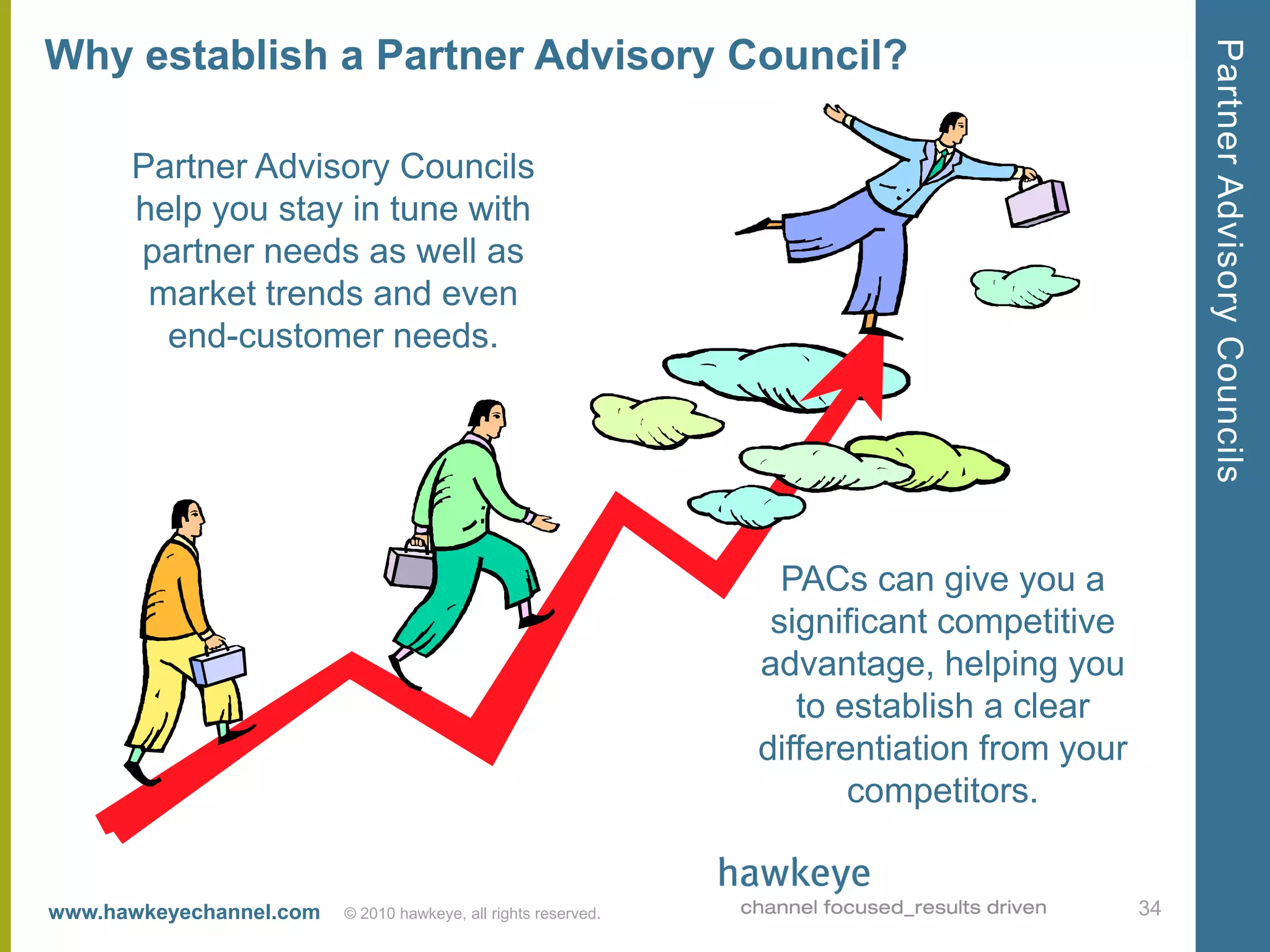 Partner Advisory Councils
Why establish a Partner Advisory Council?

      Partner Advisory Councils
      help you stay in tune with
      partner needs as well as
       market trends and even
        end-customer needs.




                                                                  PACs can give you a
                                                                 significant competitive
                                                                advantage, helping you
                                                                   to establish a clear
                                                                differentiation from your
                                                                       competitors.


www.hawkeyechannel.com   © 2010 hawkeye, all rights reserved.                               34
 