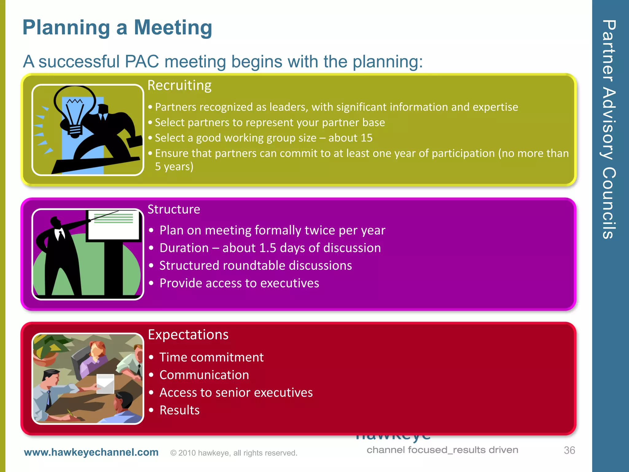Partner Advisory Councils
Planning a Meeting
A successful PAC meeting begins with the planning:
                    Recruiting
                    • Partners recognized as leaders, with significant information and expertise
                    • Select partners to represent your partner base
                    • Select a good working group size – about 15
                    • Ensure that partners can commit to at least one year of participation (no more than
                      5 years)


                    Structure
                    • Plan on meeting formally twice per year
                    • Duration – about 1.5 days of discussion
                    • Structured roundtable discussions
                    • Provide access to executives


                    Expectations
                    •    Time commitment
                    •    Communication
                    •    Access to senior executives
                    •    Results

www.hawkeyechannel.com    © 2010 hawkeye, all rights reserved.                                         36
 