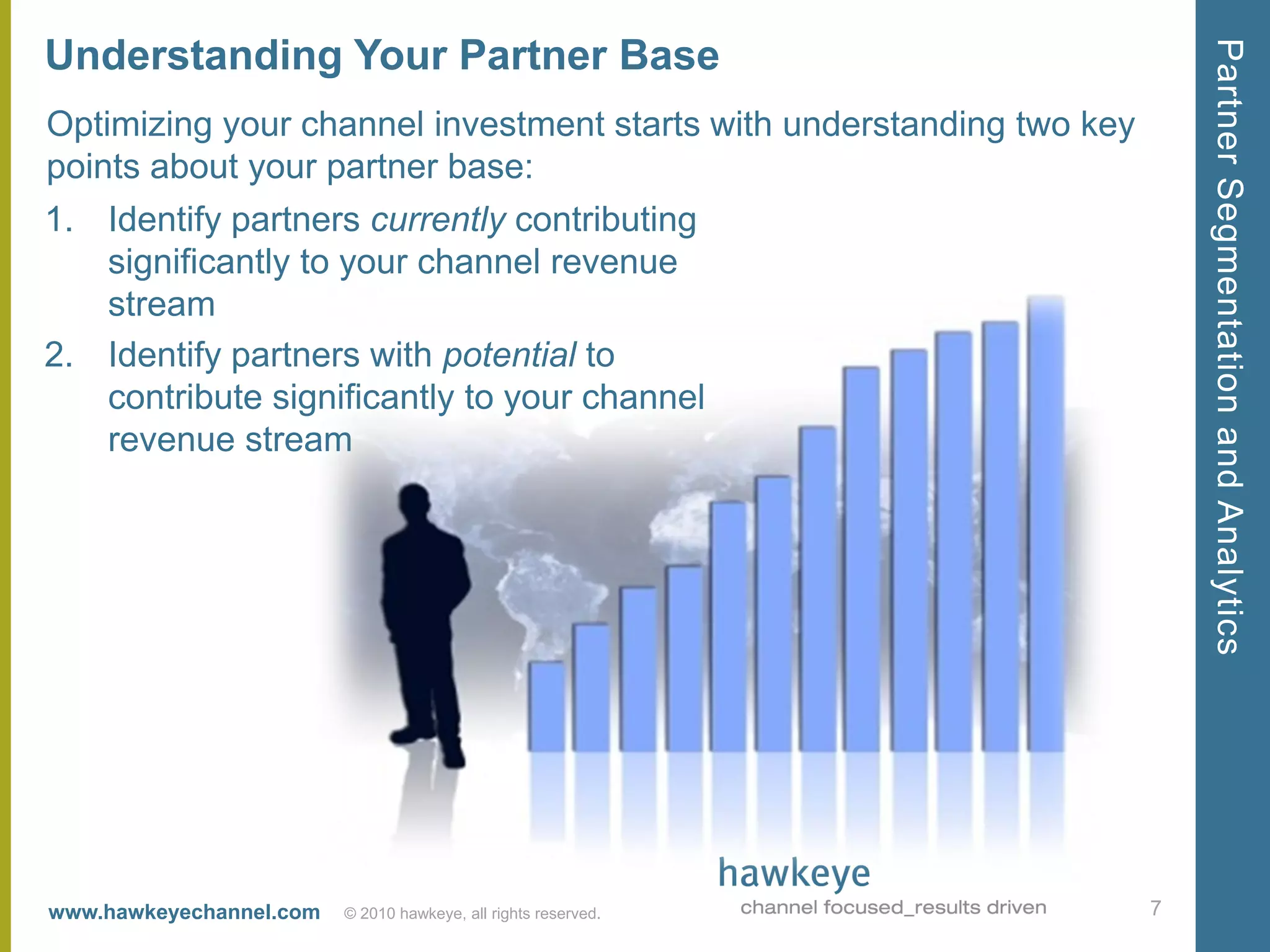 Partner Segmentation and Analytics
Understanding Your Partner Base
Optimizing your channel investment starts with understanding two key
points about your partner base:
1. Identify partners currently contributing
   significantly to your channel revenue
   stream
2. Identify partners with potential to
   contribute significantly to your channel
   revenue stream




www.hawkeyechannel.com   © 2010 hawkeye, all rights reserved.          7
 