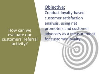 How can we
evaluate our
customers’ referral
activity?
Objective:
Conduct loyalty-based
customer satisfaction
analysis, usi...