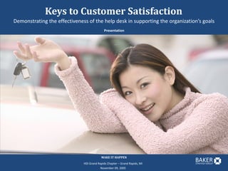 Keys to Customer Satisfaction
Demonstrating the effectiveness of the help desk in supporting the organization’s goals
                                            Presentation




                                          MAKE IT HAPPEN
                                                                              BAKER
                              HDI Grand Rapids Chapter – Grand Rapids, MI     STRATEGY GROUP

                                          November 09, 2005
 