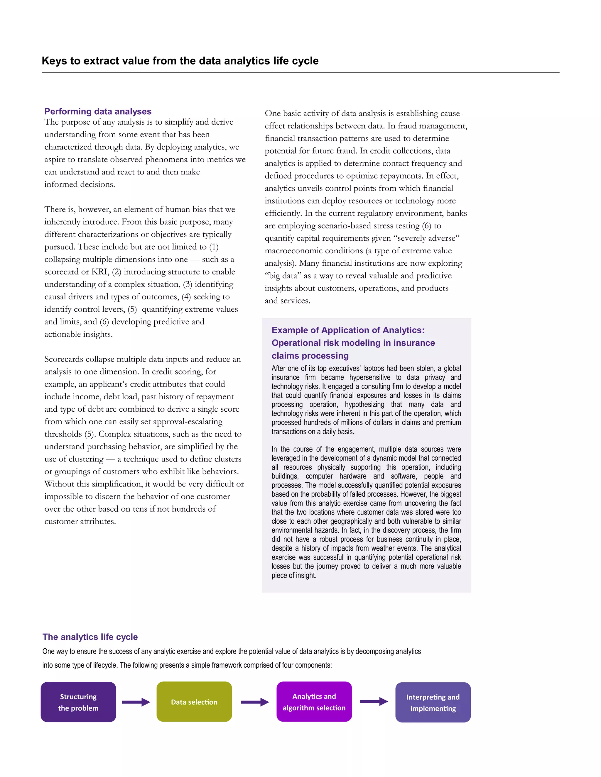 Keys to extract value from the data analytics life cycle
Performing data analyses
The purpose of any analysis is to simplify and derive
understanding from some event that has been
characterized through data. By deploying analytics, we
aspire to translate observed phenomena into metrics we
can understand and react to and then make
informed decisions.
There is, however, an element of human bias that we
inherently introduce. From this basic purpose, many
different characterizations or objectives are typically
pursued. These include but are not limited to (1)
collapsing multiple dimensions into one — such as a
scorecard or KRI, (2) introducing structure to enable
understanding of a complex situation, (3) identifying
causal drivers and types of outcomes, (4) seeking to
identify control levers, (5) quantifying extreme values
and limits, and (6) developing predictive and
actionable insights.
Scorecards collapse multiple data inputs and reduce an
analysis to one dimension. In credit scoring, for
example, an applicant’s credit attributes that could
include income, debt load, past history of repayment
and type of debt are combined to derive a single score
from which one can easily set approval-escalating
thresholds (5). Complex situations, such as the need to
understand purchasing behavior, are simplified by the
use of clustering — a technique used to define clusters
or groupings of customers who exhibit like behaviors.
Without this simplification, it would be very difficult or
impossible to discern the behavior of one customer
over the other based on tens if not hundreds of
customer attributes.
One basic activity of data analysis is establishing cause-
effect relationships between data. In fraud management,
financial transaction patterns are used to determine
potential for future fraud. In credit collections, data
analytics is applied to determine contact frequency and
defined procedures to optimize repayments. In effect,
analytics unveils control points from which financial
institutions can deploy resources or technology more
efficiently. In the current regulatory environment, banks
are employing scenario-based stress testing (6) to
quantify capital requirements given “severely adverse”
macroeconomic conditions (a type of extreme value
analysis). Many financial institutions are now exploring
“big data” as a way to reveal valuable and predictive
insights about customers, operations, and products
and services.
The analytics life cycle
One way to ensure the success of any analytic exercise and explore the potential value of data analytics is by decomposing analytics
into some type of lifecycle. The following presents a simple framework comprised of four components:
Structuring
the problem
Data selection
Analytics and
algorithm selection
Interpreting and
implementing
Example of Application of Analytics:
Operational risk modeling in insurance
claims processing
After one of its top executives’ laptops had been stolen, a global
insurance firm became hypersensitive to data privacy and
technology risks. It engaged a consulting firm to develop a model
that could quantify financial exposures and losses in its claims
processing operation, hypothesizing that many data and
technology risks were inherent in this part of the operation, which
processed hundreds of millions of dollars in claims and premium
transactions on a daily basis.
In the course of the engagement, multiple data sources were
leveraged in the development of a dynamic model that connected
all resources physically supporting this operation, including
buildings, computer hardware and software, people and
processes. The model successfully quantified potential exposures
based on the probability of failed processes. However, the biggest
value from this analytic exercise came from uncovering the fact
that the two locations where customer data was stored were too
close to each other geographically and both vulnerable to similar
environmental hazards. In fact, in the discovery process, the firm
did not have a robust process for business continuity in place,
despite a history of impacts from weather events. The analytical
exercise was successful in quantifying potential operational risk
losses but the journey proved to deliver a much more valuable
piece of insight.
 