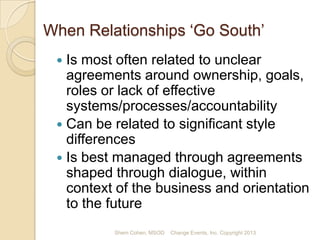 When Relationships ‘Go South’
Is most often related to unclear
agreements around ownership, goals,
roles, performance standards or lack of
effective systems, processes or
accountabilities
 Can be related to significant style
differences
 Is best managed through agreements
shaped through dialogue, within context
of the business and with orientation to
the future


Shem Cohen, MSOD

Change Events, Inc. Copyright 2013

 
