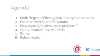 Agenda
1. Multi Regions/Sites typical deployment models.
2. Problem with Shared Keystone.
3. How does K2K solve these problem ?
4. Authentication flow with K2K.
5. Demo
6. Future works
 