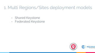- Shared Keystone
- Federated Keystone
1. Multi Regions/Sites deployment models
 