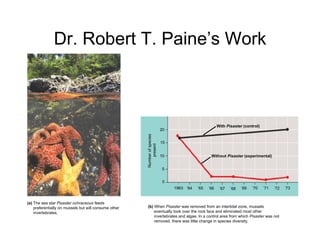 Dr. Robert T. Paine’s Work



                                                                                                       With Pisaster (control)
                                                                           20



                                                       Number of species
                                                                           15

                                                           present         10                     Without Pisaster (experimental)


                                                                            5


                                                                            0
                                                                                1963 ´64   ´65   ´66    ´67   ´68   ´69   ´70    ´71   ´72   ´73


(a) The sea star Pisaster ochraceous feeds
    preferentially on mussels but will consume other    (b) When Pisaster was removed from an intertidal zone, mussels
    invertebrates.                                          eventually took over the rock face and eliminated most other
                                                            invertebrates and algae. In a control area from which Pisaster was not
                                                            removed, there was little change in species diversity.
 