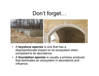 Don’t forget…




•  A keystone species is one that has a
   disproportionate impact on its ecosystem when
   compared to its abundance.
•  A foundation species is usually a primary producer
   that dominates an ecosystem in abundance and
   influence.
 