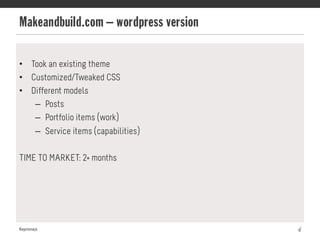 Makeandbuild.com – wordpress version
Keystonejs 4
•  Took an existing theme
•  Customized/Tweaked CSS
•  Different models
–  Posts
–  Portfolio items (work)
–  Service items (capabilities)
TIME TO MARKET: 2+ months
 