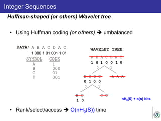Integer Sequences
• Using Huffman coding (or others)  umbalanced
• Rank/select/access  O(nH0(S)) time
Huffman-shaped (or others) Wavelet tree
A B A C D A C
1 0 1 10 0
0 1
B C D C A A A
0 1 0 0
0
WAVELET TREE
1 000 1 01 001 1 01
DATA
SYMBOL CODE
A B A C D A C
C
D
1
000
01
001
B
A
nH0(S) + o(n) bits
0 1
B D C C
1 0
 