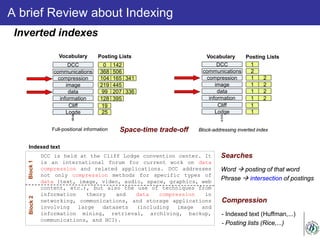 A brief Review about Indexing
Inverted indexes
Space-time trade-off
DCC
communications
compression
image
data
information
Cliff
Logde
0 142
104 165 341
506368
219 445
DCC is held at the Cliff Lodge convention center. It
is an international forum for current work on data
compression and related applications. DCC addresses
not only compression methods for specific types of
data (text, image, video, audio, space, graphics, web
content, etc.), but also the use of techniques from
information theory and data compression in
networking, communications, and storage applications
involving large datasets (including image and
information mining, retrieval, archiving, backup,
communications, and HCI).
99 207 336
128 395
19
25
Vocabulary Posting Lists
Indexed text
Searches
Word  posting of that word
Phrase  intersection of postings
Block1Block2
Compression
- Indexed text (Huffman,...)
- Posting lists (Rice,...)
1
1 2
2
1 2
1 2
1 2
1
1
DCC
communications
compression
image
data
information
Cliff
Lodge
Vocabulary Posting Lists
Full-positional information Block-addressing inverted index
 