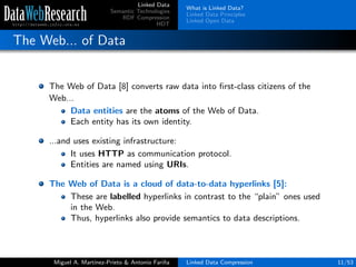 Linked Data
Semantic Technologies
RDF Compression
HDT
What is Linked Data?
Linked Data Principles
Linked Open Data
The Web... of Data
The Web of Data [8] converts raw data into ﬁrst-class citizens of the
Web...
Data entities are the atoms of the Web of Data.
Each entity has its own identity.
...and uses existing infrastructure:
It uses HTTP as communication protocol.
Entities are named using URIs.
The Web of Data is a cloud of data-to-data hyperlinks [5]:
These are labelled hyperlinks in contrast to the “plain” ones used
in the Web.
Thus, hyperlinks also provide semantics to data descriptions.
Miguel A. Mart´ınez-Prieto & Antonio Fari˜na Linked Data Compression 11/53
 