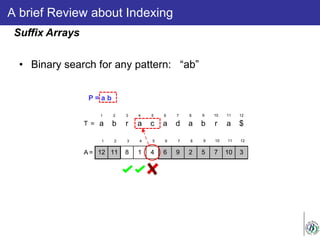 A brief Review about Indexing
• Binary search for any pattern: “ab”
Suffix Arrays
P = a b
a b r a c a d a b r a $
1 2 3 4 5 6 7 8 9 10 11 12
T =
12 11 8 1 4 6 9 2 5 7 10 3
1 2 3 4 5 6 7 8 9 10 11 12
A =
 
