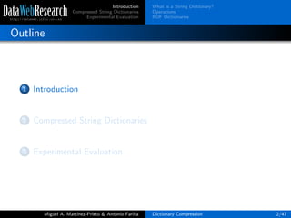 Introduction
Compressed String Dictionaries
Experimental Evaluation
What is a String Dictionary?
Operations
RDF Dictionaries
Outline
1 Introduction
2 Compressed String Dictionaries
3 Experimental Evaluation
Miguel A. Mart´ınez-Prieto & Antonio Fari˜na Dictionary Compression 2/47
 