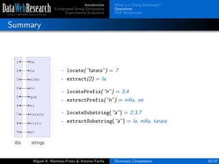 Introduction
Compressed String Dictionaries
Experimental Evaluation
What is a String Dictionary?
Operations
RDF Dictionaries
Summary
- locate(“tarara”) = 7
- extract(2) = la
- locatePrefix(“n”) = 3,4
- extractPrefix(“n”) = ni˜na, no
- locateSubstring(“a”) = 2,3,7
- extractSubstring(“a”) = la, ni˜na, tarara
Miguel A. Mart´ınez-Prieto & Antonio Fari˜na Dictionary Compression 10/47
 