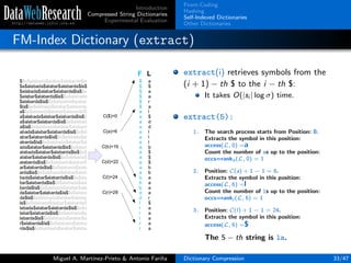 Introduction
Compressed String Dictionaries
Experimental Evaluation
Front-Coding
Hashing
Self-Indexed Dictionaries
Other Dictionaries
FM-Index Dictionary (extract)
extract(i) retrieves symbols from the
(i + 1) − th $ to the i − th $:
It takes O(|si | log σ) time.
extract(5):
1. The search process starts from Position: 0.
Extracts the symbol in this position:
access(L, 0) =a
Count the number of as up to the position:
occs=ranka(L, 0) = 1
2. Position: C(a) + 1 − 1 = 6.
Extracts the symbol in this position:
access(L, 6) =l
Count the number of ls up to the position:
occs=rankl (L, 6) = 1
3. Position: C(l) + 1 − 1 = 24.
Extracts the symbol in this position:
access(L, 6) =$
The 5 − th string is la.
Miguel A. Mart´ınez-Prieto & Antonio Fari˜na Dictionary Compression 33/47
 