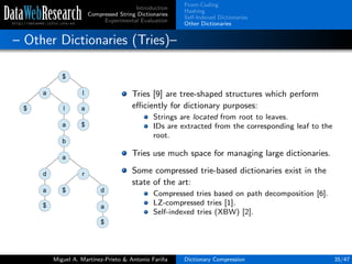 Introduction
Compressed String Dictionaries
Experimental Evaluation
Front-Coding
Hashing
Self-Indexed Dictionaries
Other Dictionaries
– Other Dictionaries (Tries)–
Tries [9] are tree-shaped structures which perform
eﬃciently for dictionary purposes:
Strings are located from root to leaves.
IDs are extracted from the corresponding leaf to the
root.
Tries use much space for managing large dictionaries.
Some compressed trie-based dictionaries exist in the
state of the art:
Compressed tries based on path decomposition [6].
LZ-compressed tries [1].
Self-indexed tries (XBW) [2].
Miguel A. Mart´ınez-Prieto & Antonio Fari˜na Dictionary Compression 35/47
 