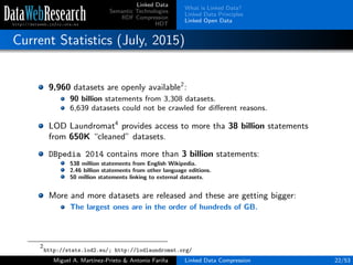 Linked Data
Semantic Technologies
RDF Compression
HDT
What is Linked Data?
Linked Data Principles
Linked Open Data
Current Statistics (July, 2015)
9,960 datasets are openly available2
:
90 billion statements from 3,308 datasets.
6,639 datasets could not be crawled for diﬀerent reasons.
LOD Laundromat4
provides access to more tha 38 billion statements
from 650K “cleaned” datasets.
DBpedia 2014 contains more than 3 billion statements:
538 million statements from English Wikipedia.
2.46 billion statements from other language editions.
50 million statements linking to external datasets.
More and more datasets are released and these are getting bigger:
The largest ones are in the order of hundreds of GB.
2
http://stats.lod2.eu/; http://lodlaundromat.org/
Miguel A. Mart´ınez-Prieto & Antonio Fari˜na Linked Data Compression 22/53
 