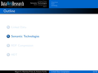 Linked Data
Semantic Technologies
RDF Compression
HDT
Overview
RDF
SPARQL
Outline
1 Linked Data
2 Semantic Technologies
3 RDF Compression
4 HDT
Miguel A. Mart´ınez-Prieto & Antonio Fari˜na Linked Data Compression 23/53
 