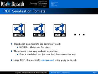 Linked Data
Semantic Technologies
RDF Compression
HDT
Overview
RDF
SPARQL
RDF Serialization Formats
Traditional plain formats are commonly used:
RDF/XML, NTriples, Turtle...
These formats are very verbose in practice:
Data are serialized in a (more or less) human-readable way.
Large RDF ﬁles are ﬁnally compressed using gzip or bzip2.
Miguel A. Mart´ınez-Prieto & Antonio Fari˜na Linked Data Compression 32/53
 