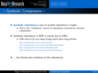 Linked Data
Semantic Technologies
RDF Compression
HDT
Semantic Compression
Symbolic Compression
Syntactic Compression
– Symbolic Compression –
Symbolic redundancy is due to symbol repetitions in triples:
This is the “traditional” source of redundancy removed by universal
compressors.
Symbolic redundancy in RDF is mainly due to URIs:
URIs tend to be very large strings which share long preﬁxes.
http://dataweb.infor.uva.es/movies/ﬁlm/Bird
http://dataweb.infor.uva.es/movies/ﬁlm/Million Dollar Baby
http://dataweb.infor.uva.es/movies/ﬁlm/Mystic River
http://dataweb.infor.uva.es/movies/people/Clint Eastwood
...
... but literals also contibute to this redundancy.
Miguel A. Mart´ınez-Prieto & Antonio Fari˜na Linked Data Compression 41/53
 