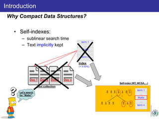 • Self-indexes:
– sublinear search time
– Text implicitly kept
Introduction
Why Compact Data Structures?
Text collection
Doc 1 Doc 2 Doc 3 Doc n
Let’s search
for “Malta"
term 1
…
Malta
…
term n
(> 5-30%)
Index
0 0 0 01 1
0 1
0 1 0 10 0
1
0
Self-index (WT, WCSA,…)
term 1
…
Malta
…
term n
 
