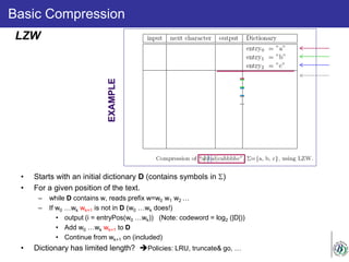 Basic Compression
• Starts with an initial dictionary D (contains symbols in Σ)
• For a given position of the text.
– while D contains w, reads prefix w=w0 w1 w2 …
– If w0 …wk wk+1 is not in D (w0 …wk does!)
• output (i = entryPos(w0 …wk)) (Note: codeword = log2 (|D|))
• Add w0 …wk wk+1 to D
• Continue from wk+1 on (included)
• Dictionary has limited length? Policies: LRU, truncate& go, …
LZW
EXAMPLE
 