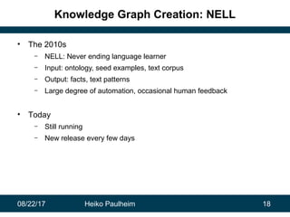 08/22/17 Heiko Paulheim 18
Knowledge Graph Creation: NELL
• The 2010s
– NELL: Never ending language learner
– Input: ontol...