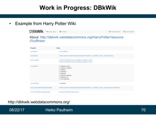 08/22/17 Heiko Paulheim 70
Work in Progress: DBkWik
• Example from Harry Potter Wiki
http://dbkwik.webdatacommons.org/
 