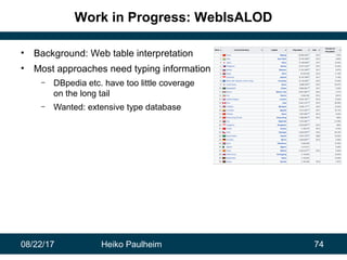 08/22/17 Heiko Paulheim 74
Work in Progress: WebIsALOD
• Background: Web table interpretation
• Most approaches need typing information
– DBpedia etc. have too little coverage
on the long tail
– Wanted: extensive type database
 