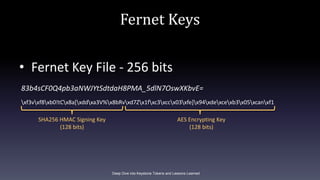 Fernet Keys
• Fernet Key File - 256 bits
83b4sCF0Q4pb3aNWJYtSdtdaH8PMA_5dlN7OswXKbvE=
xf3vxf8xb0!tCx8a[xddxa3V%x8bRvxd7Zx1...