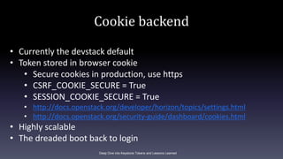 Cookie backend
Deep Dive into Keystone Tokens and Lessons Learned
• Currently the devstack default
• Token stored in brows...