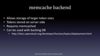memcache backend
Deep Dive into Keystone Tokens and Lessons Learned
• Allows storage of larger token sizes
• Tokens stored...